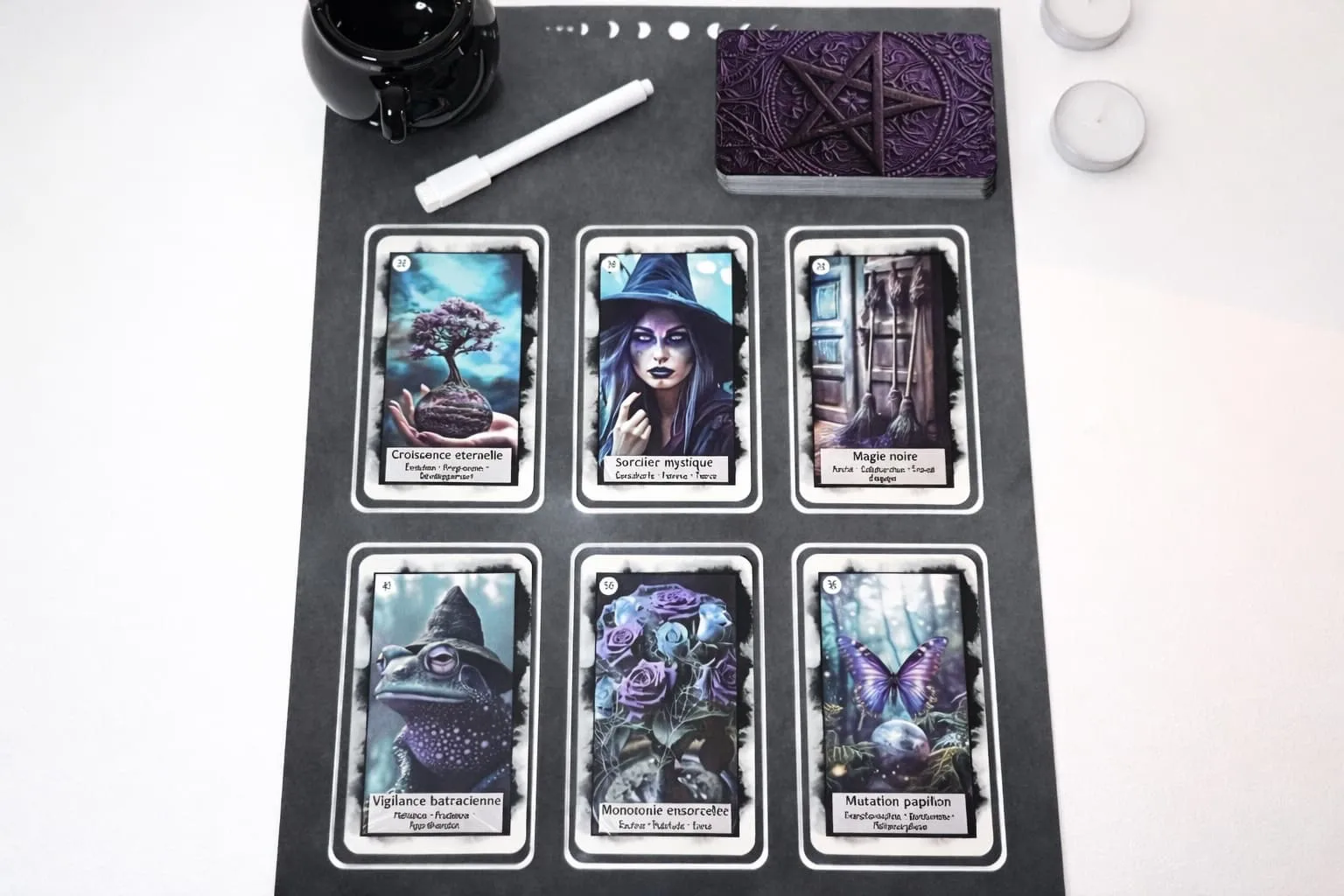 Planche de tirage noire 6 cartes avec oracle divinatoire – Mystic Garden By K