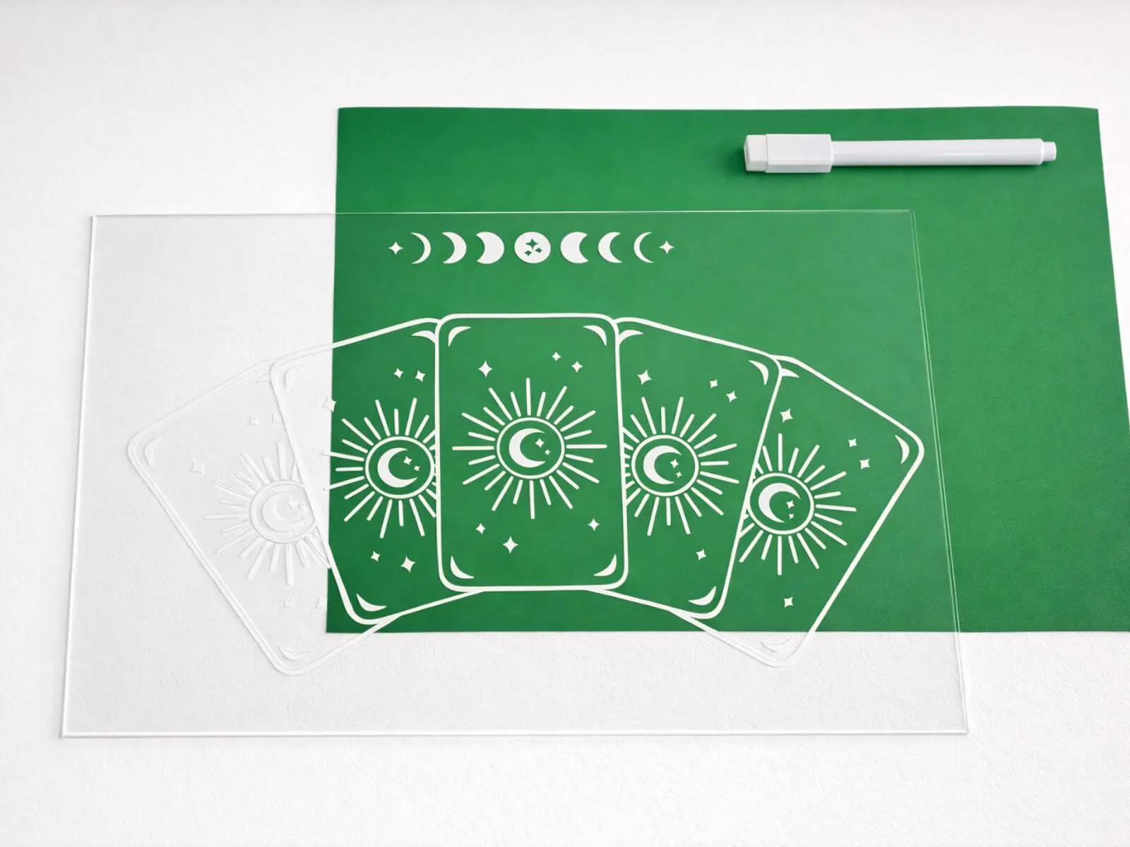 Planche de tirage verte symboles lunaires 5 cartes – Mystic Garden By K