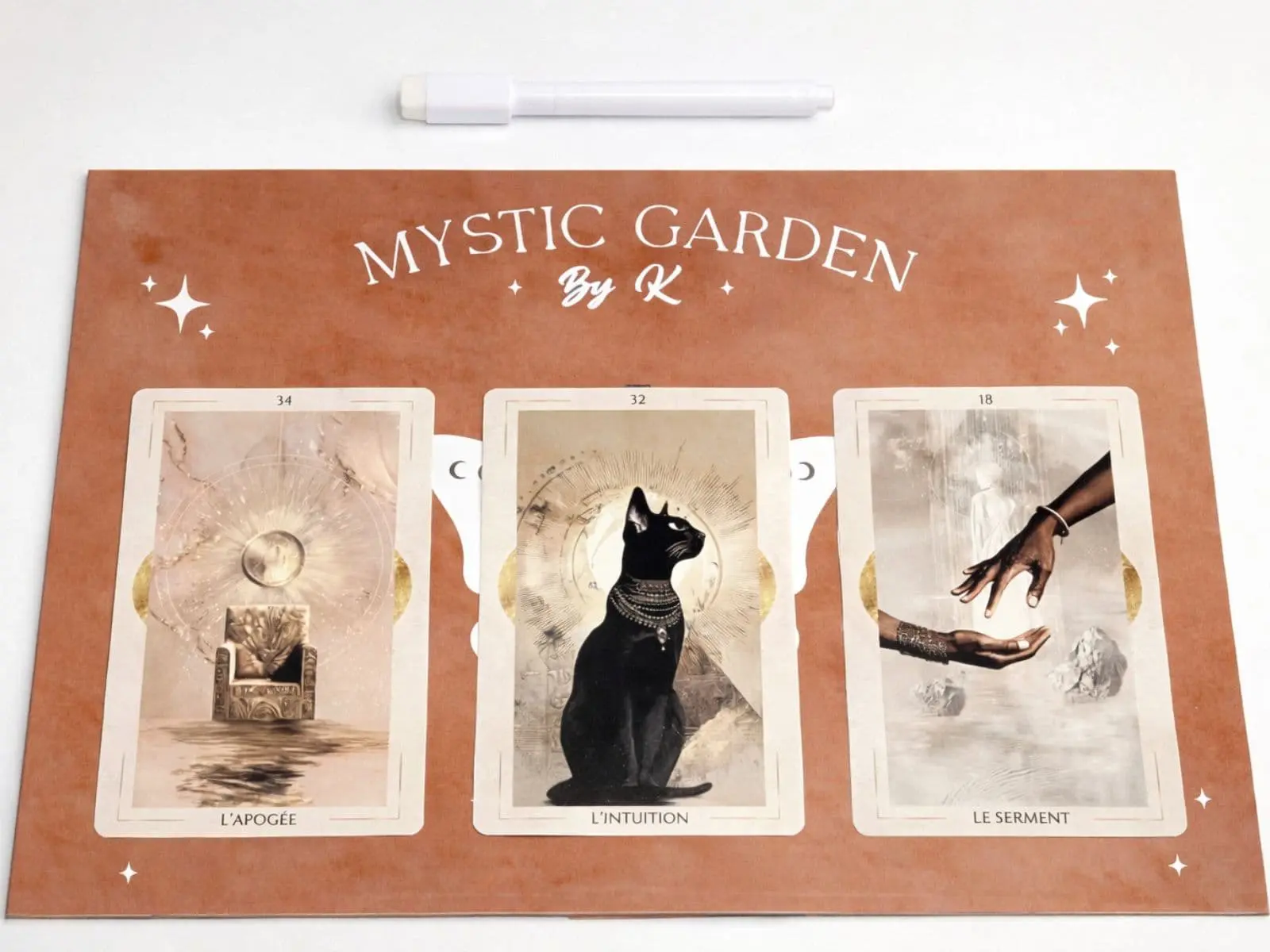 Planche de tirage 3 cartes fond terracotta incrusté – Mystic Garden By K